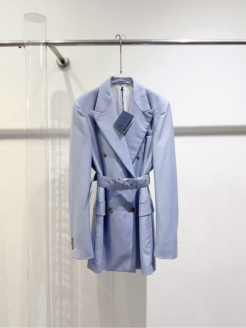Prada Light Blue Double-Breasted Belted Blazer